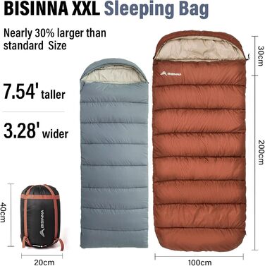Спальний мішок BISINNA XXL для великих дорослих, 3-4 сезони, зимовий, теплий, для кемпінгу, оранжевий, 1.5 кг