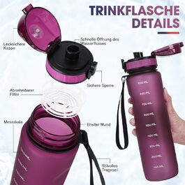 Спортивна пляшка для води 1л, витокозахисна, без BPA, з мірною шкалою, для активного відпочинку, школи, кемпінгу, смарагдово-зелений (фіолетово-червоний)