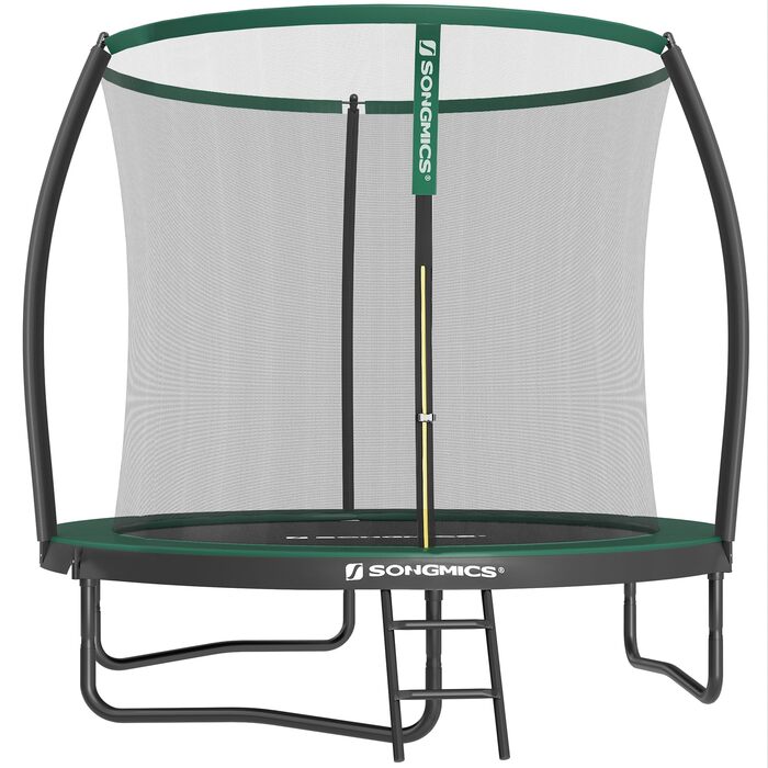 Трамплін SONGMICS Outdoor Ø 244/305/366/427 см, круглий, для саду, з сіткою безпеки, захисним бордюром, сходами та м'якими стійками. (244 см, Чорний + Темно-зелений)