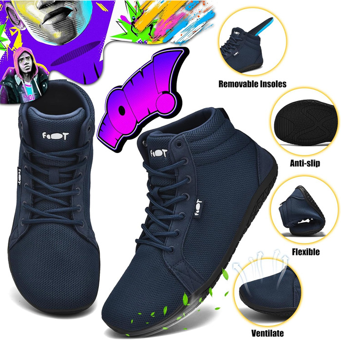 Взуття Barfuss для жінок та чоловіків: кросівки хай-топ, легкі, широкі, мінімалістичні, для ходьби, з відділенням для пальців, підошва Zero Drop, унісекс, трекінг, фітнес, антиковзаючі, 42 EU, широкі, синій