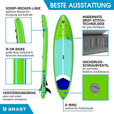 Надувний SUP-борд BRST Turtle | Комплект для станд-ап паділбордингу | 320x81x15 см | 4 дизайни | 5 років гарантії | з аксесуарами | 2-в-1: SUP та каяк, кріплення для Action Cam, фіксатор для ніг, рюкзак | Зелений