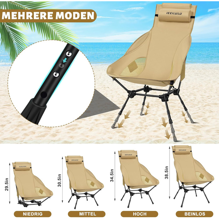 Складний туристичний стілець IEEILULU з високою спинкою, 130 кг, з кишенями, для кемпінгу, риболовлі, пікніка (колір: коричневий)