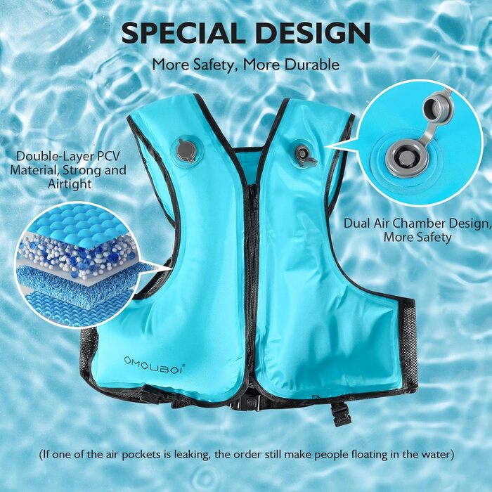 Надувна рятувальна жилетка для дорослих, до 100 кг та 150-200 см, регульована двокамерна, висока видимість для каяку, SUP, серфінгу, дайвінгу (відповідно до стандарту ЄС) Помаранчевого кольору