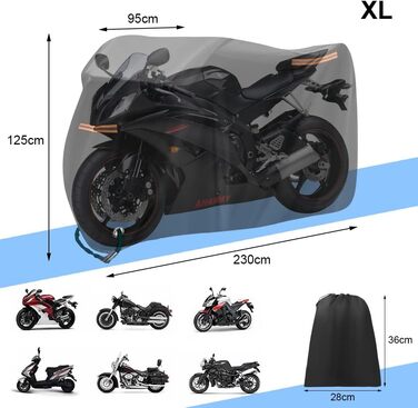 Захисний чохол для мотоцикла URAQT, XL, 230x95x125 см, водонепроникний, анти-UV, стійкий до розривів, з отвором для страховки від крадіжки