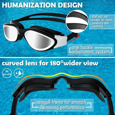Окуляри для плавання Winline Polarized/Non-Polarized для дорослих та підлітків, антизапітніння, захист від УФ, водонепроникні, чітке бачення, легке регулювання, м'які носові упори, синьо-чорний/синій поларизований дзеркальний об'єктив (PC-All Black/Non-po