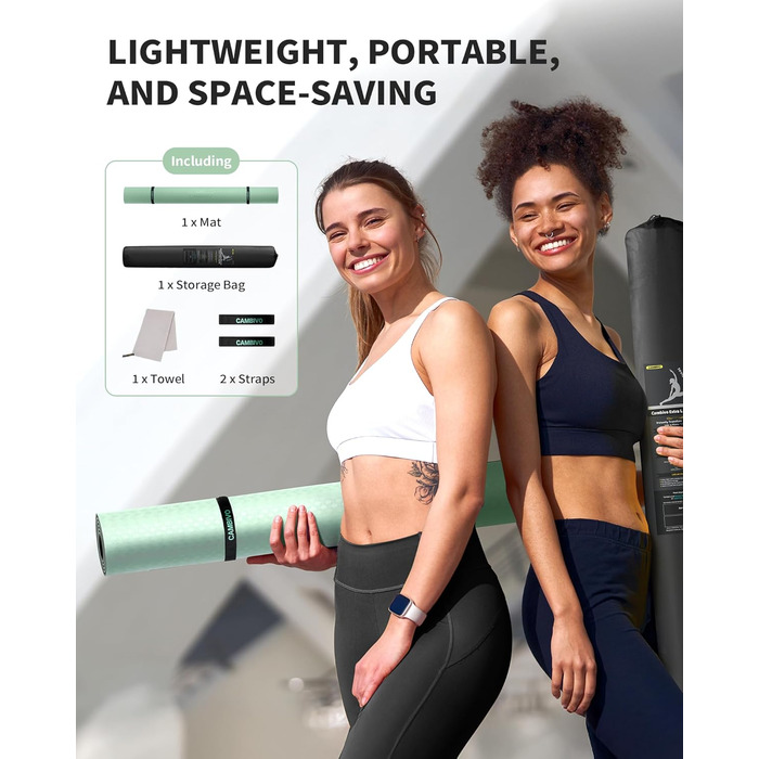 Килимок для йоги CAMBIVO XXL 183x122 см, товщина 6/8/10/12 мм, неслизький, TPE, для фітнесу, пілатесу, гімнастики, з рушником (183*122*0.6 см, м'ятний)