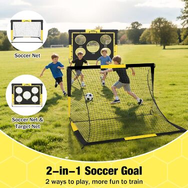Ворота для футболу MoKo для саду, 150x120 см, велика сітка Pop-up з мішенню, портативне обладнання для тренувань дітей, спортивна гра на відкритому повітрі (чорний+жовтий, 5*4ft - 2 шт.)