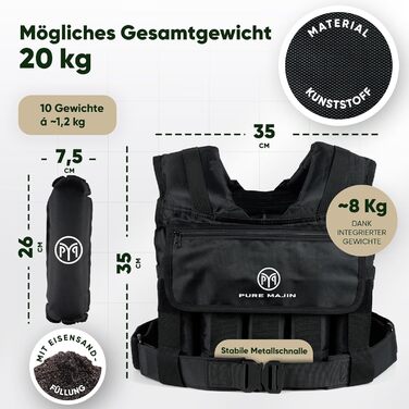Вага для тренувань PURE MAJIN® 20 кг, регульована, з кишенею та металевим ременем | Фітнес, воркаут, біг, калістеніка, обладнання, вага, тренування - чорний або камуфляжний чорний