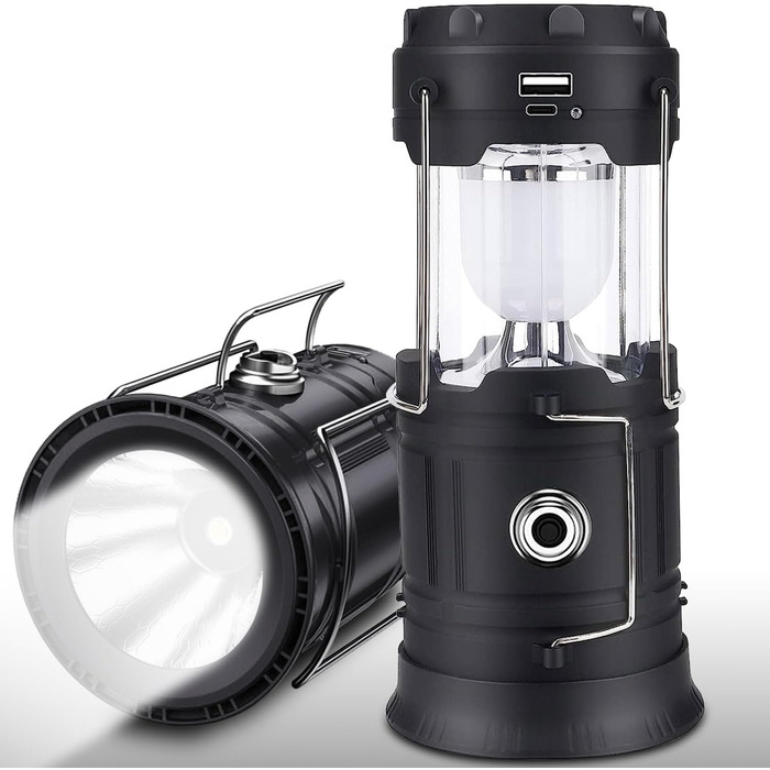 Сонячна кемпінгова лампа EXTRASTAR: LED ліхтар 5W, 2-в-1 (ліхтар + ліхтар для намету), USB/Сонячна/Акумуляторна, водонепроникна, для відпочинку на природі, риболовлі, кемпінгу та походів