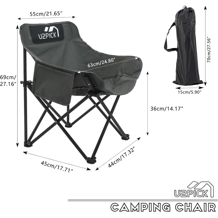 Складний стілець U2PICK для кемпінгу: легкий, зручний, до 160 кг, з сумкою, сірий