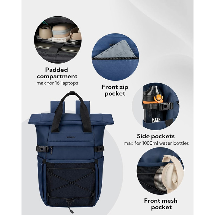 Рюкзак WATERFLY Rolltop 16-21л для чоловіків і жінок, стильний міський рюкзак із відділенням для ноутбука 16'', універсальний для школи, роботи, подорожей і спорту