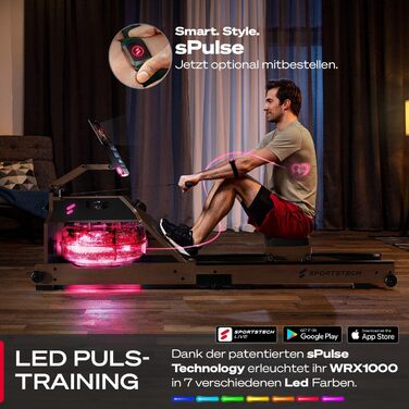 Sportstech WRX1000: Гребний тренажер з водяним опором для дому. Масивне дерево, LED-дисплей, підтримка додатків та планшета. Німецька якість.