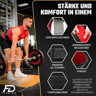 Пояс для важкої атлетики Flodiam Profi Full Power, чоловічий та жіночий, шкіра буйвола, важкоатлетичний ремінь для тренажерного залу, швидке регулювання, важка атлетика, пауерліфтинг, чорний/червоний, 8,5 см
