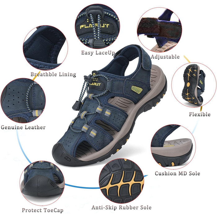 Чоловічі сандалі FLARUT для туризму та відпочинку на природі, шкіряні трекінгові сандалі, сині, 42 EU
