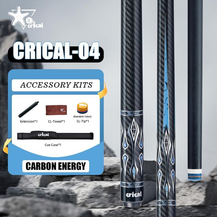 CRICAL Більярдний кий з карбонового волокна, 147 см, професійний, з'єднання 3/8 x 8, наконечник 12,5 мм, комплект CL-04