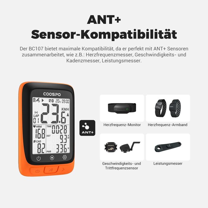 Велокомп'ютер COOPSO BC107 GPS бездротовий з Bluetooth 5.0 та ANT+, LCD 2.4