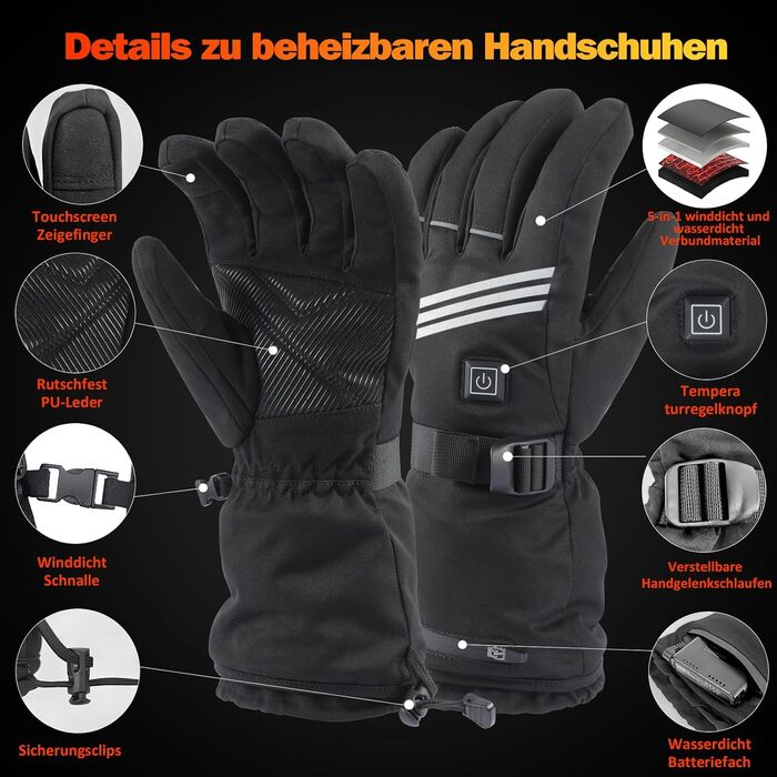 Гріючі рукавички для чоловіків та жінок, з акумулятором 5000mAh*2, 7.4V, 4 режими нагріву, водонепроникні, для зимових видів спорту та катання на лижах