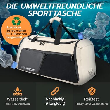 Спортивна сумка [з переробленого PET] 50L – сумка для спортзалу та рюкзак 2в1 – водонепроникна спортивна сумка для чоловіків та жінок – спортивний рюкзак з відділенням для взуття, велика туристична сумка (Савана Бежевий)