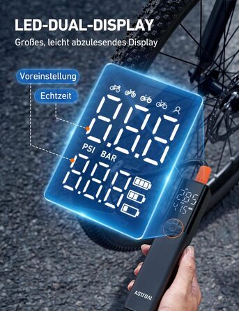 AstroAI Електрична велосипедна помпа, 150 PSI, портативна, акумуляторна, універсальна, для всіх типів велосипедів, з високопродукним мотором, перезаряджається, для міських, шосейних та гірських велосипедів, помаранчевого кольору