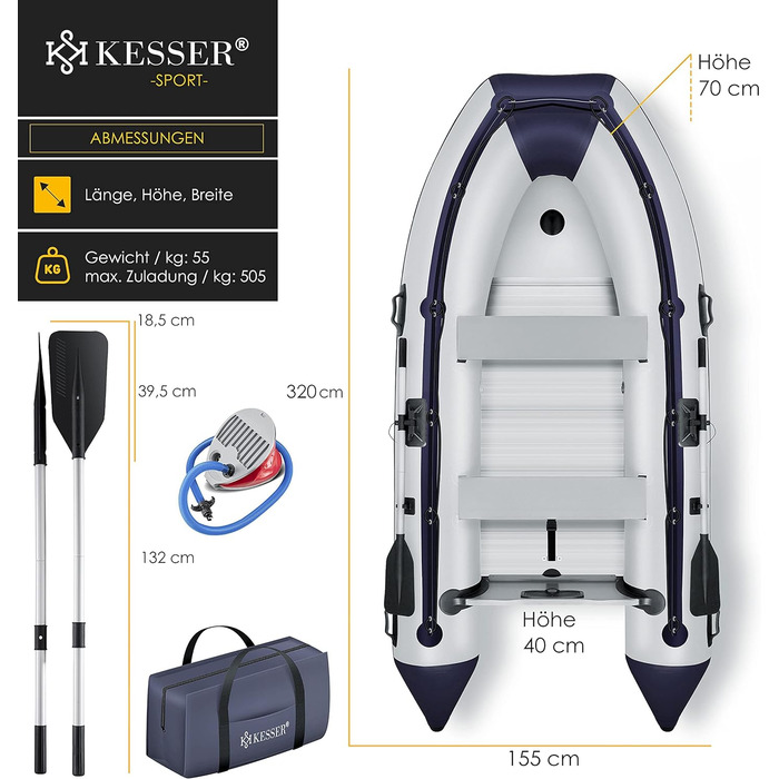 Надувний човен KESSER 3,2 м для 4 осіб, моторний, алюмінієве дно, 2 лавки, весла, насос, ремонтний комплект, ПВХ