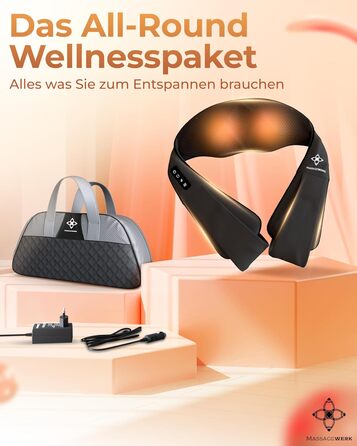 Масажер MASSAGEWERK Shiatsu для шиї та спини, електричний з функцією підігріву, чорний, для зняття м'язових болів та напруги, ергономічний