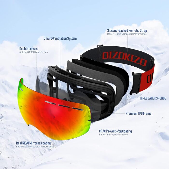 Снігові окуляри Dizokizo з регульованим ремінцем для сноуборду, антизапітніючі, 100% захист від УФ-випромінювання, тришаровий дихаючий матеріал, тиснений ремінь, для жінок, чоловіків, молоді (S, червоний)