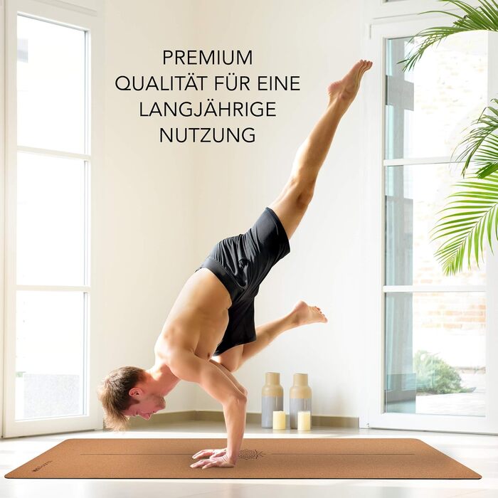 Йога мат Vital Asanas Premium: натуральний корк, протиковзаюча, з ручкою для перенесення. Підходить для йоги, пілатесу та фітнесу