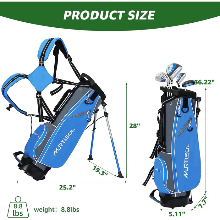 Повний набір гольф-клубу з 6 шт., включає сумку-стійку, драйвер #1, гібрид #5, залізи #6/7, #9/P та паттер, для правшів (блакитний)