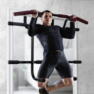 Кімнатний турнік COSTWAY для дверного прорізу без свердління, турнік для підтягувань з гімнастичною стінкою та тросом, дип-бар до 150 кг, турнік для силових тренувань вдома, чорний