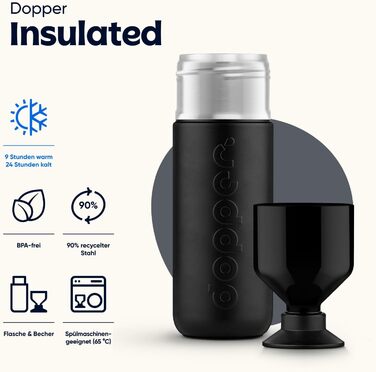 Іменна термос-пляшка Dopper Insulated 1 л, нержавіюча сталь, чорна – термочашка для води, кави, чаю, подвійні стінки, герметична, зберігає холод 24 год/тепло 9 год