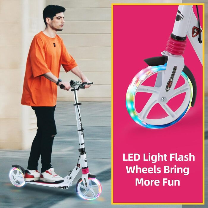 Самокат дитячий складний з LED-колесами, регульованою висотою, гальмом та дзвінком до 100 кг (Білий)