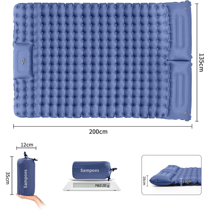 Надувний килимок для кемпінгу Isomatte, 10 см, двоспальний, з насосом, для туризму та відпочинку на природі (Marine Blau)