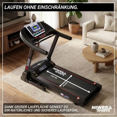 Електричний біговий тренажер Miweba Sports HT5000 | 7 PS, 18 км/год, нахил до 15%, вантажопідйомність 150 кг, з додатком, складаний, велика площа для бігу, 12 програм, для дому, чорний