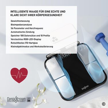 Вага для вимірювання жиру в тілі GeniaScreen SolidTrack - розумна вага з Bluetooth, LED-дисплеєм, 56 вимірювань, 180 кг, скло