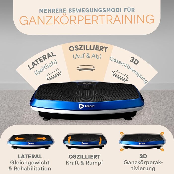 Віброплатформа LifePro Hovert 3D з подвійним двигуном, 99 рівнів інтенсивності, синя