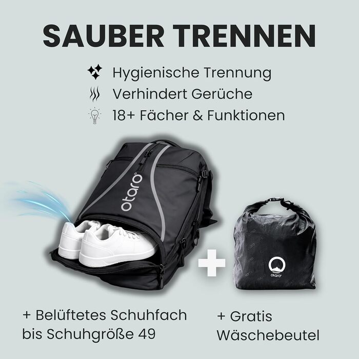 Рюкзак тенісний Otaro з відділенням для взуття, ноутбука та термо-відділенням для ракеток, 42л, чоловічий/жіночий, чорний світловідбиваючий + дощовик та мішок для одягу