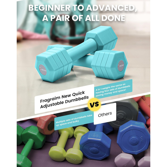 Набір гантелей Fragraim регульовані для жінок та чоловіків, 4,54 кг, 4-в-1, вага 0,9-2,27 кг, з м'яким покриттям TPU, для дому