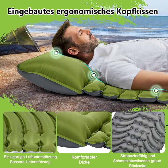 MEIJO Килимок для кемпінгу самонадувний, ізомат, туристичний килимок, Ultraleicht з насосом для ніг, товстий, для відпочинку на природі, у наметі, на пляжі, блакитний & сірий (зелений & сірий)