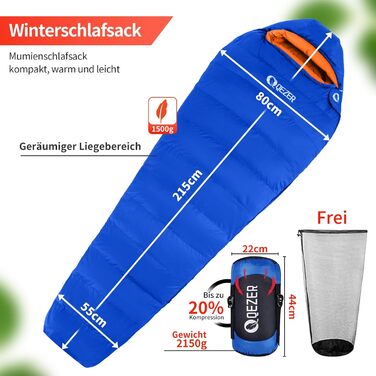 Спальний мішок зимовий теплий легкий 0°C -23°C для дорослих та дітей, 4 сезони, кемпінг, відпочинок на природі, чорний, сапфірово-синій