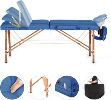Масажний стіл Klarfit MT 500 з підлокітниками та підголівником, складаний, з регульованою спинкою (10 положень), підставкою для ніг, отвором для обличчя, блакитний