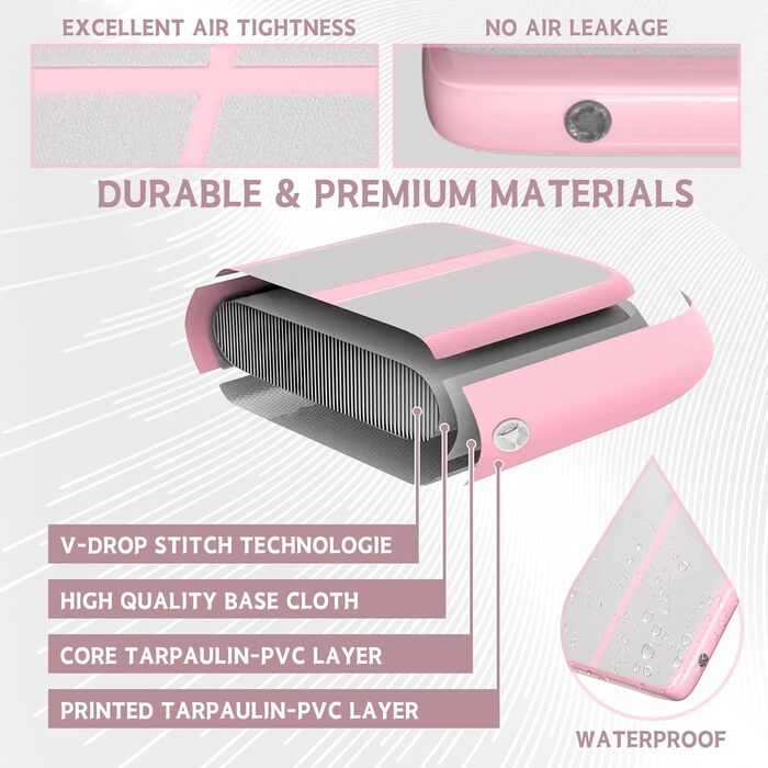 Гімнастичний надувний мат, 3 м, для гімнастики, фітнесу, йоги, бойових мистецтв, пляжу, 10'x3.3'x4' (300x100x10 см), Рожевий