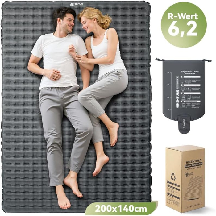 Каремат туристичний HIKENTURE 6.2 R-Wert, 8 см, на 2 особи, 140x200 см, для кемпінгу, подорожей, 4 пори року