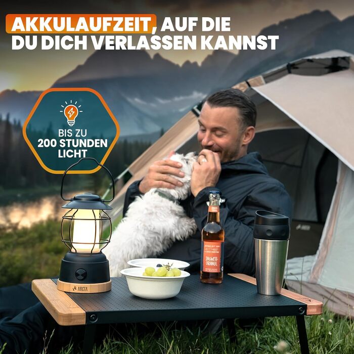 ARCTA® LED кемпінговий ліхтар на акумуляторі – ретро кемпінг ліхтар, IPX4 вологостійкий, димування 20-450lm – ліхтар для намету, саду, кемпінгу, LED Powerbank