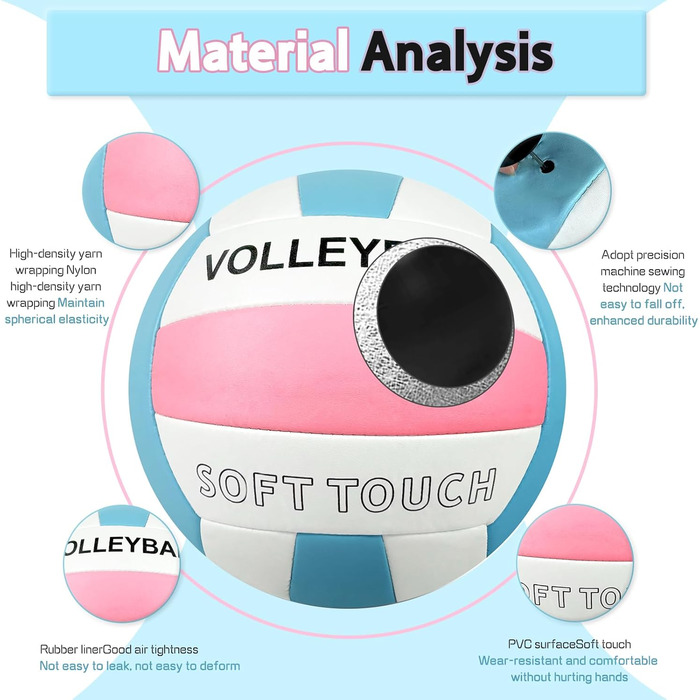 Волейбольний м'яч для пляжу та залу: м'який дотик, розмір 5, з рюкзаком та насосом, Puderblau та білий
