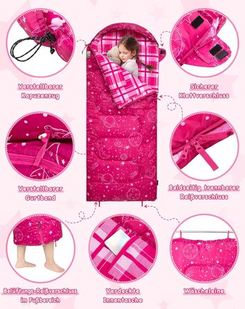 Спальний мішок KingCamp для дітей, фланелевий, легкий, водонепроникний, компактний, зимовий, 4 сезони, для кемпінгу, підходить для дітей до 140 см, комфортна температура: 7°C, рожевий, регульована довжина