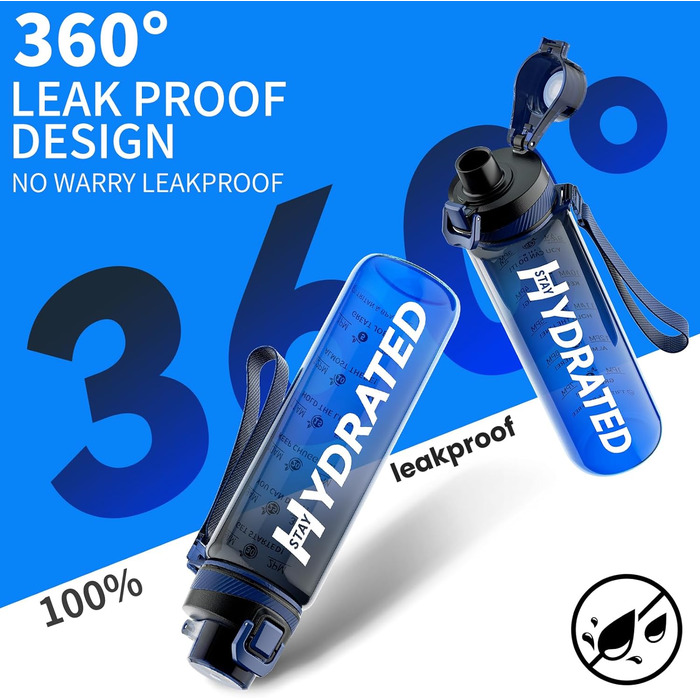 Спортивна пляшка для води 1л Tritan без BPA з маркуванням часу, 1000 мл, чорно-синя