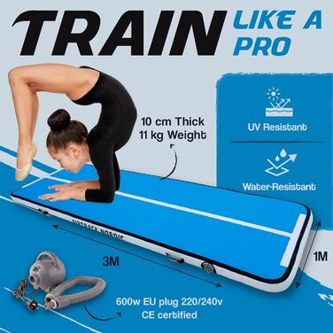 Гімнастичний надувний мат для гімнастики та йоги AirTrack Nordic Home Special Edition (3м/4м/5м/6м/7м/8м) з насосом, блакитний