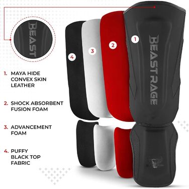 Шкіряні щитки для ніг Beast Rage для кікбоксингу, муай-тай, ММА, боксу, карате, тхеквондо та БЖЖ, з захистом зап'ястя, чорного кольору