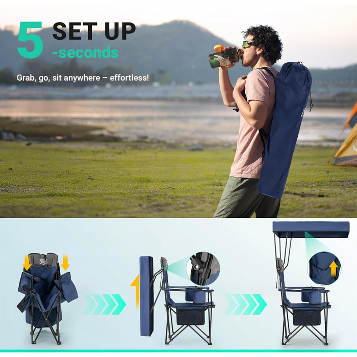 Крісло для кемпінгу OVERMONT складне з сонцезахисним дахом - пляжне крісло, складне з тримачем для напоїв та сумкою-холодильником - шезлонг з дахом для відпочинку на природі, риболовлі, саду (Blaugrau)