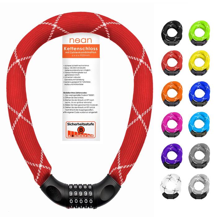 Надійне велозамок Nean з кодом, 6 мм, 900 мм, червоний